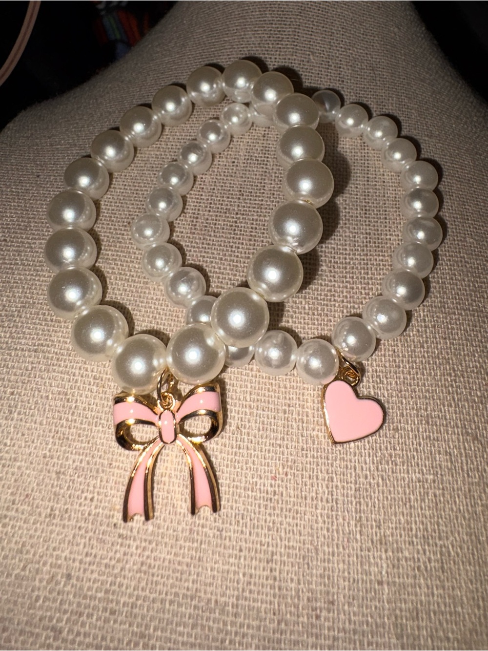 Pearl Bead Bracelets with Pink Bow and Heart Charms
